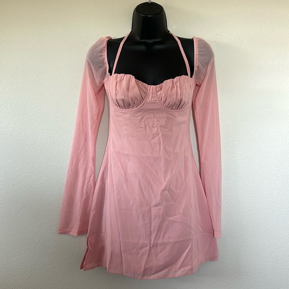 Princess Polly Pink Dyer Bell Long Sleeve Halter Ruched Bust Mini Dress - Picture 3 of 10